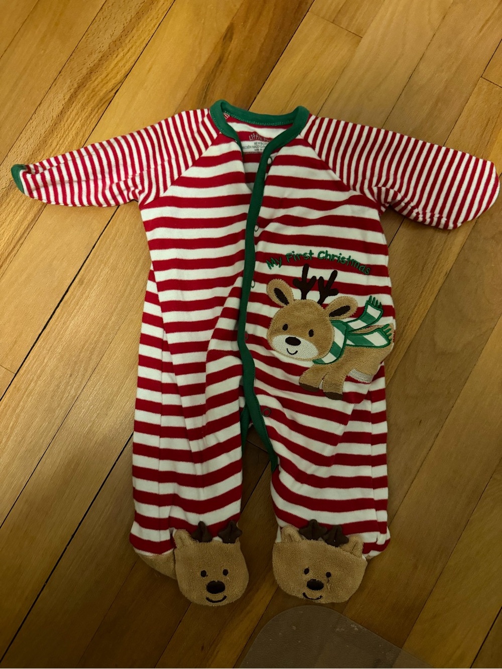 Little Me Red & White Striped Footed One-Piece with Reindeer